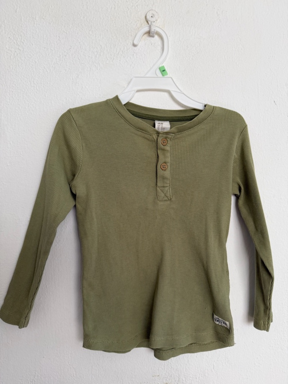 H&M Olive Ribbed Henley Long Sleeve Tee